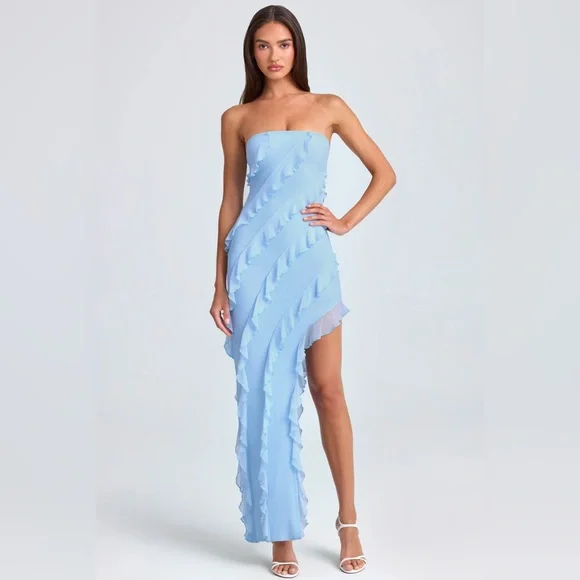 Oh Polly Bandeau Dress Blue Oh Polly Dresses Oh Polly Nevali Bandeau Ruffle  Trim Maxi